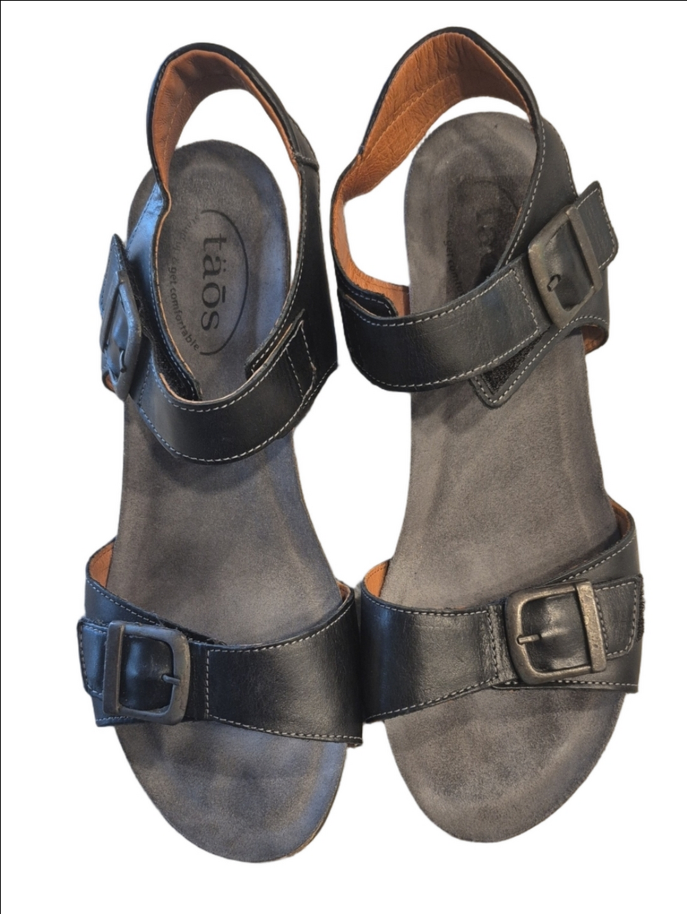 Taos Buckle Up Wedge Black Leather Buckle Sandals In EU 40